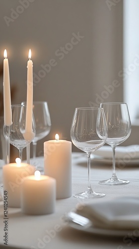 Elegant candlelight dinner setup with glasses and candles creating a warm atm...