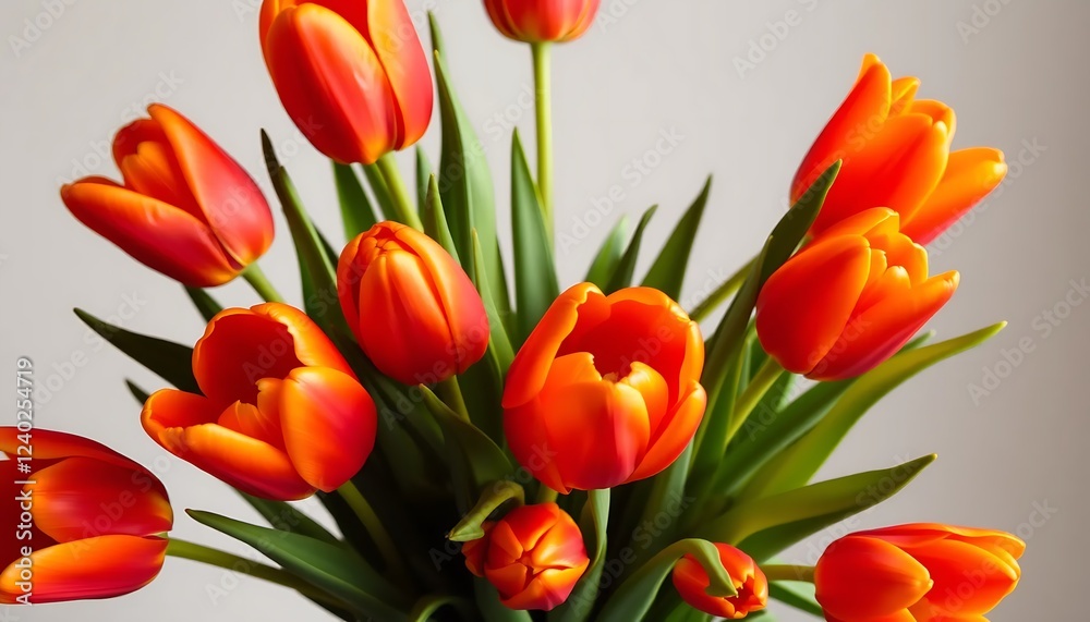 A vibrant bouquet of orange and coral tulips with lush green stems, radiating warmth, energy, and joy in a lively, sunset-inspired composition. A vibrant bouquet of orange and coral tulips with lush green stems, radiating warmth, energy, and joy in a lively, sunset-inspired composition.