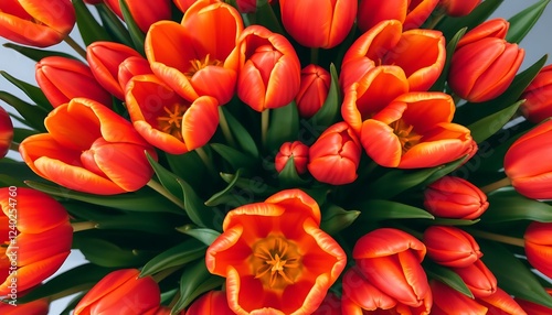 A vibrant bouquet of orange and coral tulips with lush green stems, radiating warmth, energy, and joy in a lively, sunset-inspired composition. photo