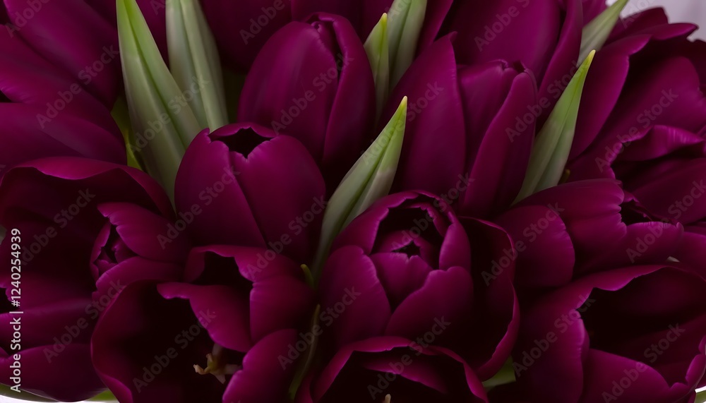 Obraz premium A stunning bouquet of deep purple and magenta tulips with velvety petals, exuding royal elegance in soft lighting for a dramatic floral display.