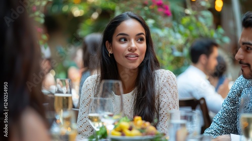 A woman practicing polite conversation and etiquette at a social gathering, representing proper manners.