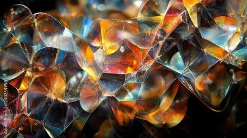 Colorful abstract pattern of translucent shapes with vibrant reflections unde...