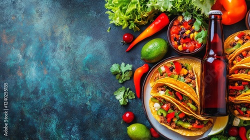 Delicious tacos served with cold beer on a rustic table background under warm...