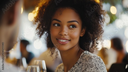 A woman practicing polite conversation and etiquette at a social gathering, representing proper manners.
