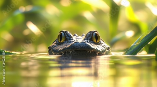 Cute orange frog sitting at the edge of a tranquil pond surrounded by lush gr...