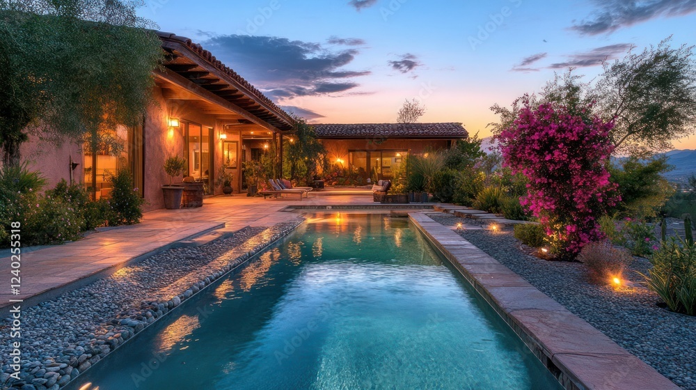 Desert home with pool at sunset