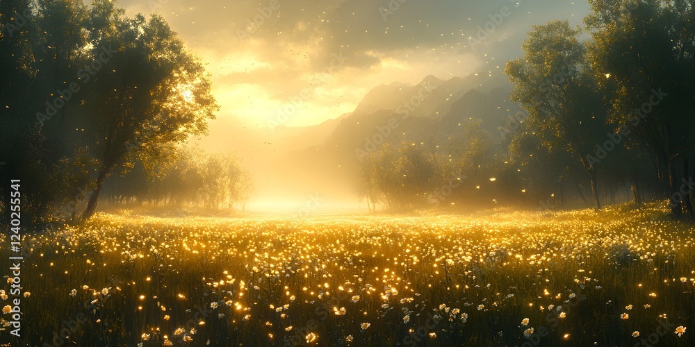 Beautiful Sunlit Meadow with Dew Drops Sparkling in Morning Light Background Beautiful Sunlit Meadow with Dew Drops Sparkling in Morning Light Background