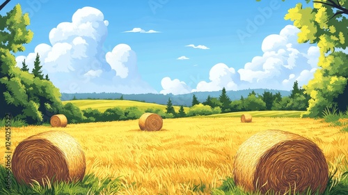 Scenic sunset over a golden hayfield with round bales in a mountainous landscape