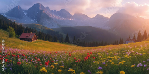 Tatra mountains landscape panorama Poland colorful flowers and cottages in Gasienicowa