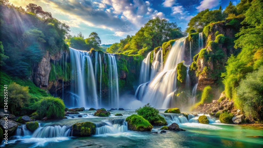 Fototapeta premium Italy's Cascata del Rio Bianco: a breathtaking high-resolution image capturing stunning waterfall scenery.