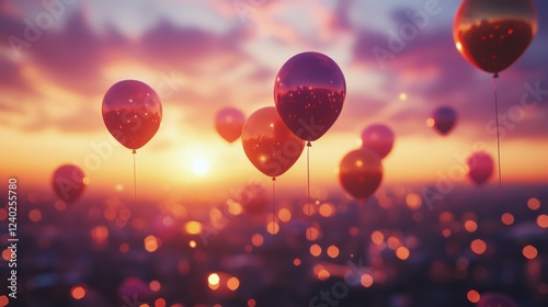 Colorful balloons floating against a vibrant sunset sky creating a festive at...