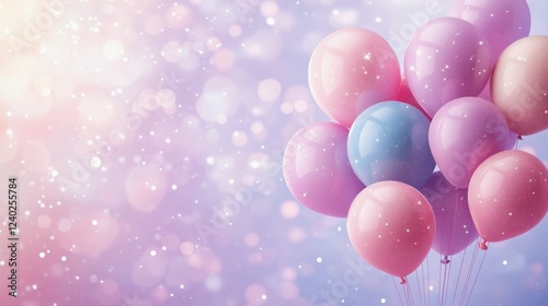 Colorful festive balloons floating in a dreamy background creating a joyful a...