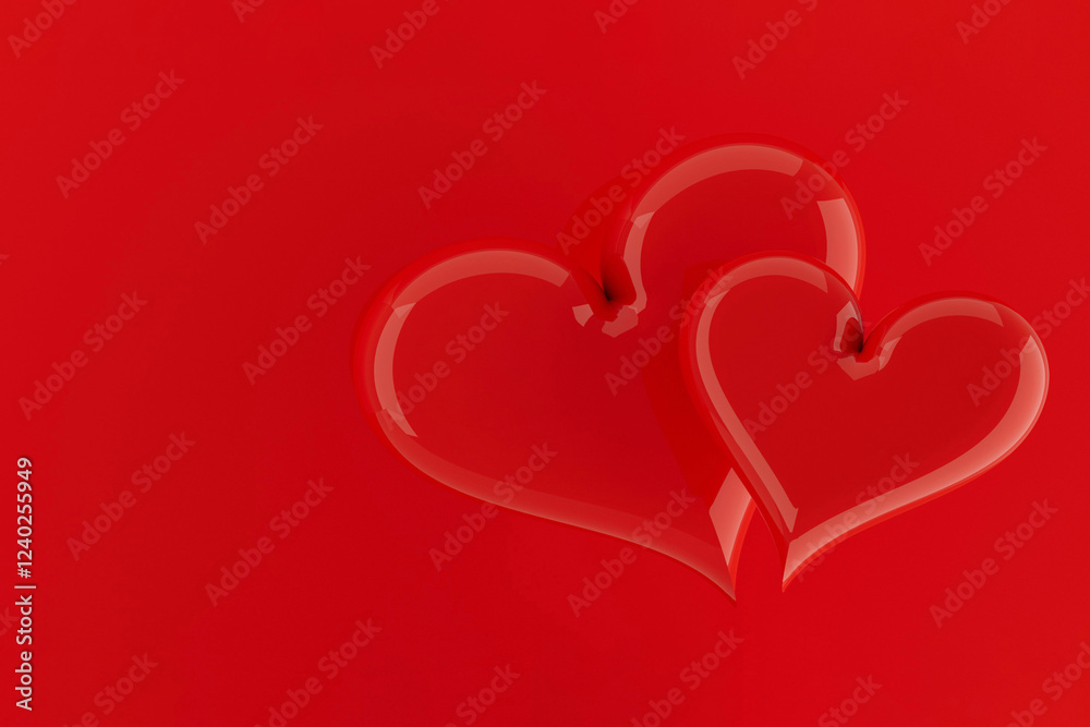 Couple red bright glossy balloon hearts flying on red background, copy space. Valentine's day background. Romantic sweet heart. 3D illustration for advertising, design, poster, card, flyer. Couple red bright glossy balloon hearts flying on red background, copy space. Valentine's day background. Romantic sweet heart. 3D illustration for advertising, design, poster, card, flyer.