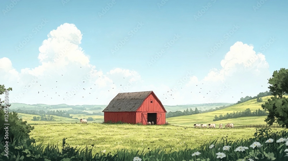 Obraz premium Red barn in a vibrant green field with cows and birds on a sunny day