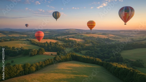 Colorful hot air balloons drifting over a vibrant flower-filled landscape at ...