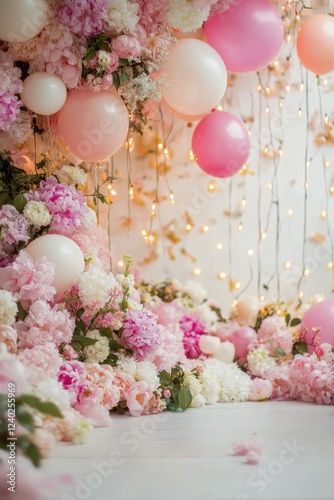 Elegant floral and balloon decoration for a spring wedding celebration at a m...