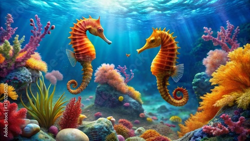 Colorful Seahorses Swimming Among Vibrant Coral in Clear Water
