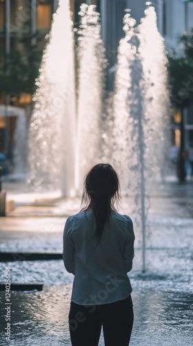 Woman enjoying water fountains in a city plaza during evening