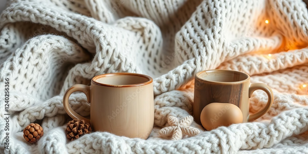 Two white mugs on a wooden tray with cozy cotton and wool decorations, set against a winter-themed background, home, cozy, wool Two white mugs on a wooden tray with cozy cotton and wool decorations, set against a winter-themed background, home, cozy, wool