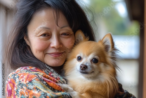 Small dog snuggles with person in cozy indoor setting with soft lighting