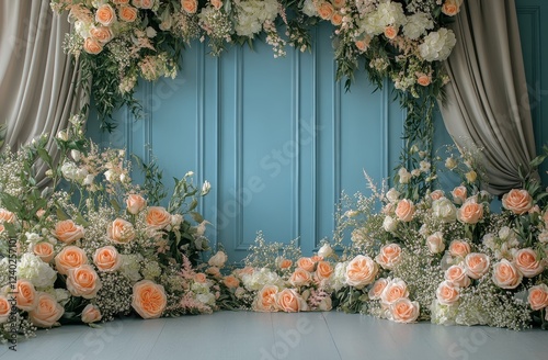 Elegant floral arrangement with vintage sofa in blue room for special events ...