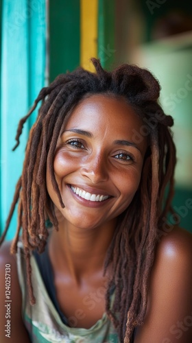 Smiling woman with dreadlocks enjoying a sunny day indoors in a vibrant, colo...