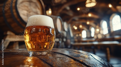 Enjoying a refreshing beer in a rustic tavern surrounded by wooden barrels
