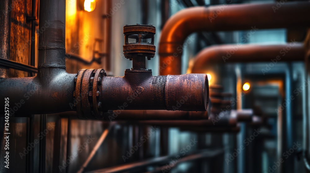 Gloomy factory interior featuring rusted pipes and flickering lights, creating industrial atmosphere. scene evokes sense of decay and abandonment Gloomy factory interior featuring rusted pipes and flickering lights, creating industrial atmosphere. scene evokes sense of decay and abandonment