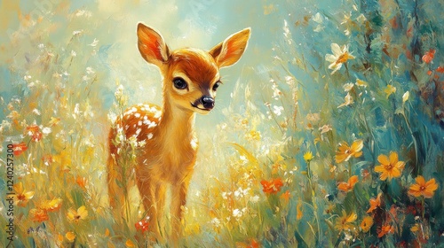 Fawn stands gracefully in a vibrant flower field during golden hour light