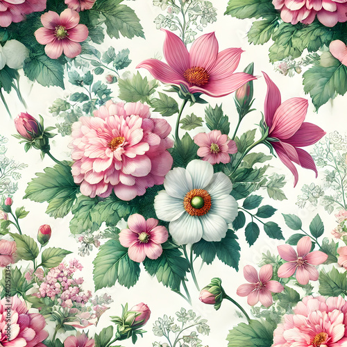 A botanical watercolor illustration featuring a variety of flowers, perfect for botanical art enthusiasts and nature lovers.