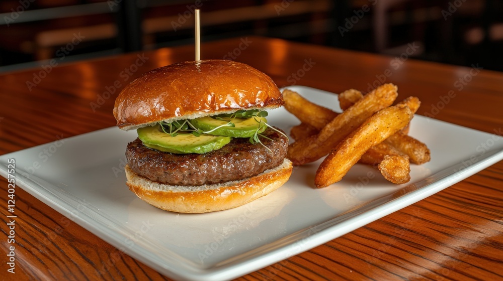 Savoring a gourmet burger with crispy fries casual dining restaurant setting inviting atmosphere close-up perspective culinary delight Savoring a gourmet burger with crispy fries casual dining restaurant setting inviting atmosphere close-up perspective culinary delight