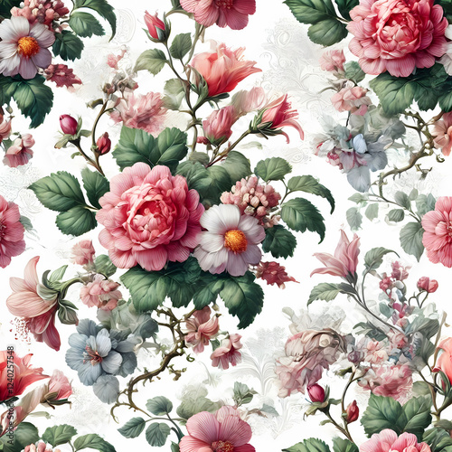 A modern watercolor interpretation of a floral pattern, featuring bold colors and abstract shapes.