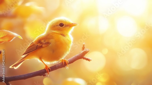 Bird perched on branch during golden hour with sunlight filtering through aut...