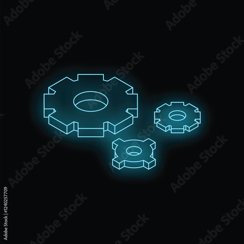Three neon blue isometric gears rotating smoothly on a black background, symbolizing teamwork, engineering, and innovation