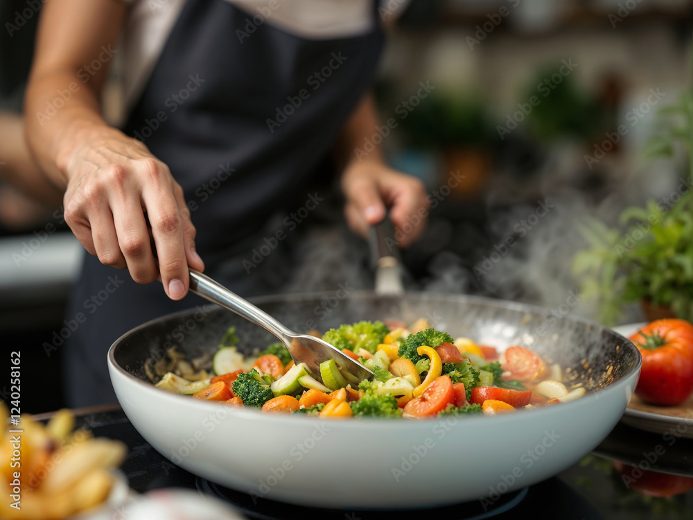 Vegetable stir-fry being prepared in a pan by a person in a kitchen environment Vegetable stir-fry being prepared in a pan by a person in a kitchen environment