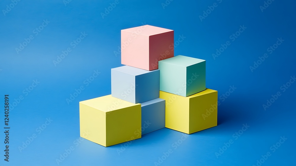 Colorful cubes pyramid, blue background, abstract design, website banner Colorful cubes pyramid, blue background, abstract design, website banner
