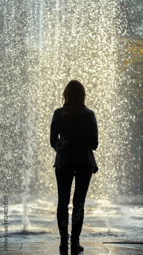 Woman enjoying water fountains in a city plaza during evening