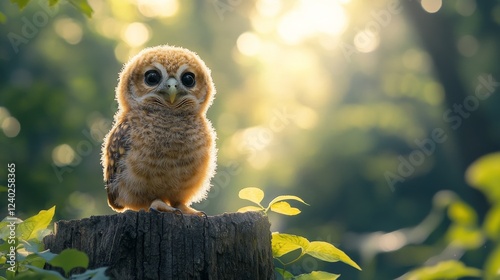 Cute baby owl perched on a tree stump in a sunlit forest setting during early...