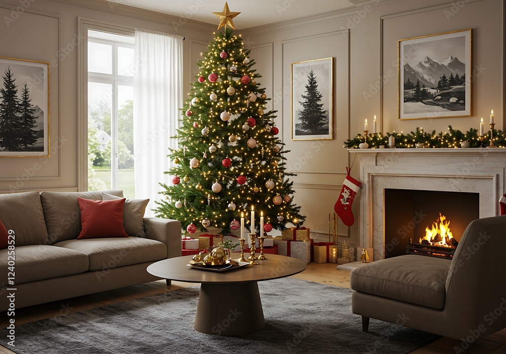 Elegant Christmas Living Room Decorated With Tree And Fireplace Elegant Christmas Living Room Decorated With Tree And Fireplace