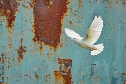 White dove soaring against a weathered blue metal backdrop in natural light