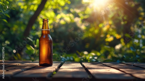 Sunlit amber bottle rests on wooden table in serene green garden setting