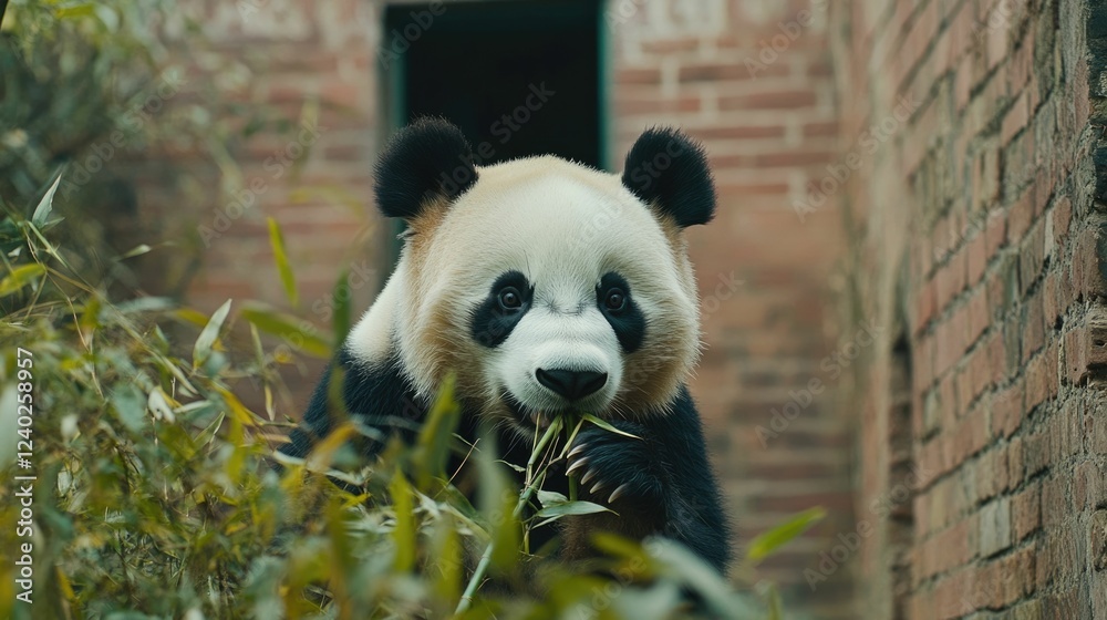 Close up photo of a cute panda bear eating bamboo in a protected nature reserve showcasing a conservation success story and the efforts to preserve this endangered species in their natural habitat Close up photo of a cute panda bear eating bamboo in a protected nature reserve showcasing a conservation success story and the efforts to preserve this endangered species in their natural habitat