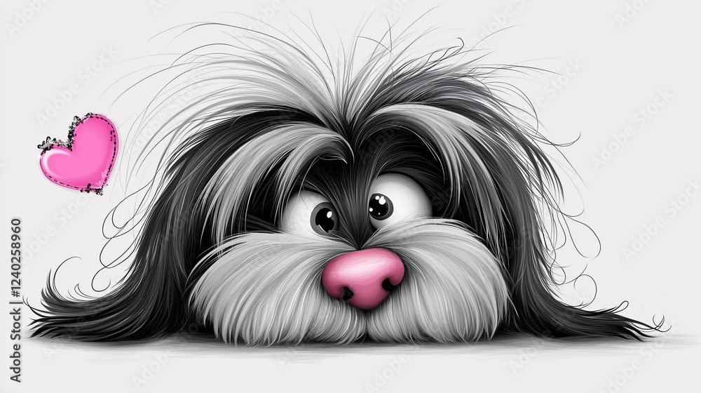 Naklejka premium Adorable black and gray long-haired Havanese dog with a pink nose in a cute clipart style on a white background. Vector illustration with simple shapes and soft pastel colors, perfect for Valentine's 