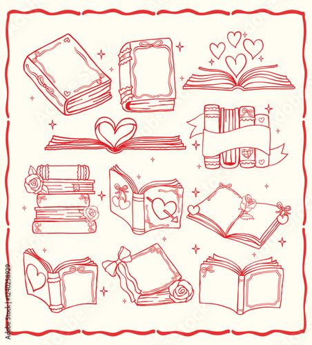 Retro Valentine Bookish Love Book Outline Set with Wavy Squiggle Hand Drawn