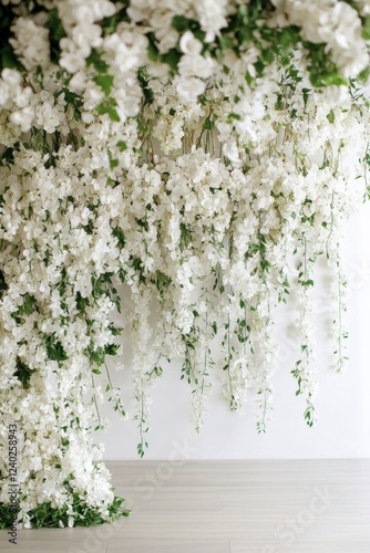 Elegant white floral backdrop with cascading greenery for events and celebrat...