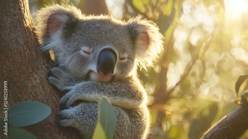 Koala resting peacefully on a branch during a golden hour in a serene forest ...