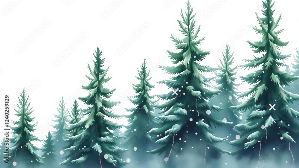 Obraz premium Watercolor winter pine tree forest illustration with falling snow, conifer spruce trees, Christmas theme, watercolor, isolated, winter
