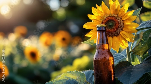 Sunflower bloom beside a beer bottle in a garden at sunset