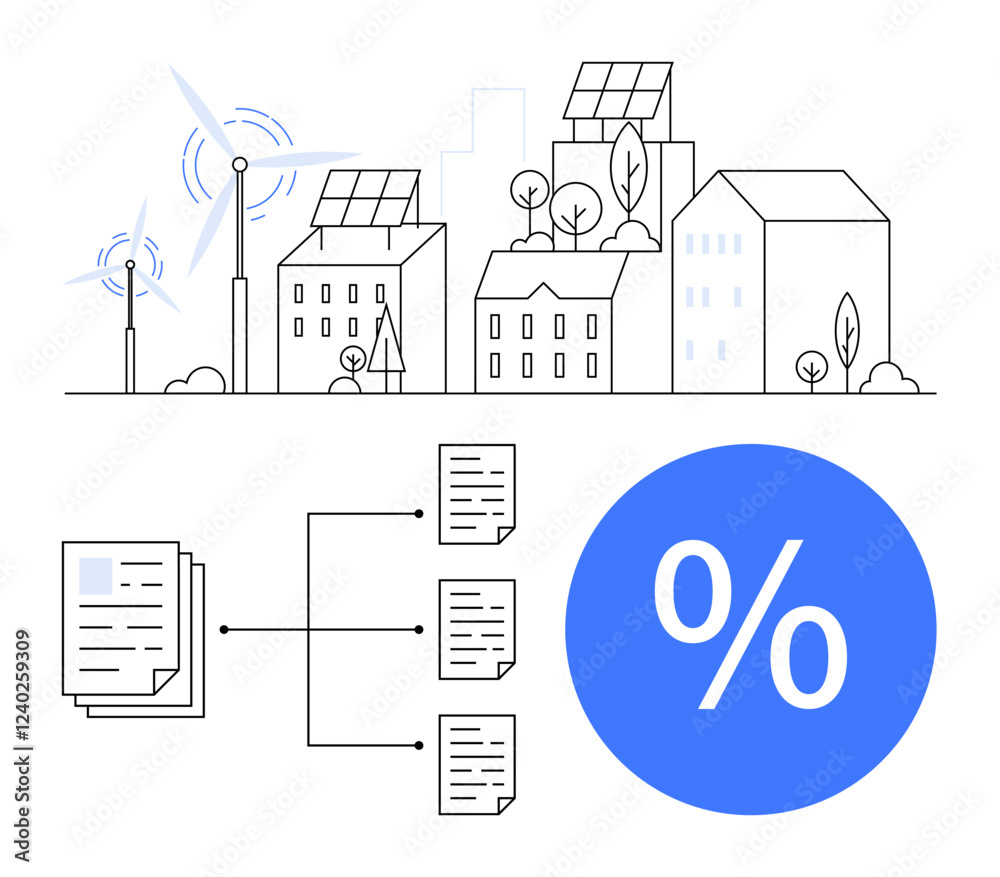 Fototapeta premium Wind turbines, solar panels on buildings, trees, documents connected through arrows to percentage sign. Ideal for green energy, urban planning, technology, finance, data management sustainability