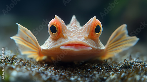 Underwater toadfish close-up portrait showing detailed face and fins against dark background. Marine life macro photography concept photo